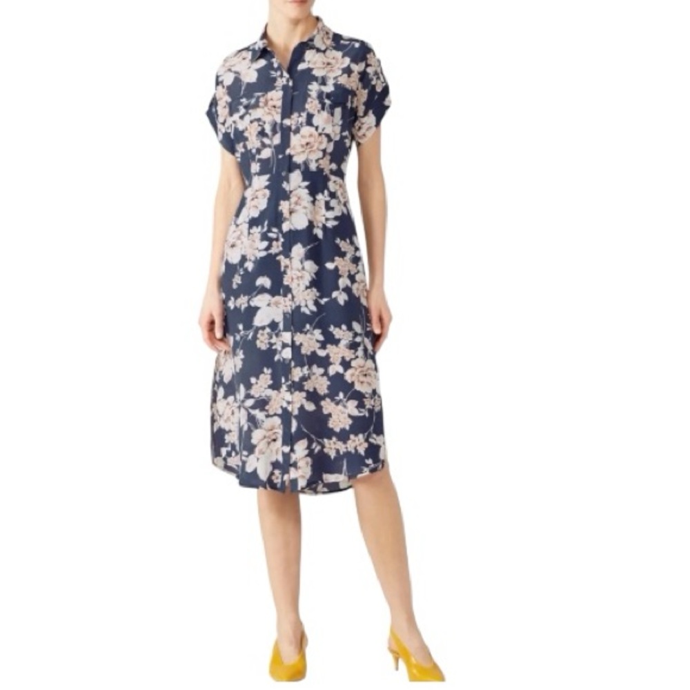 Yumi Kim Navy Floral Silk Shirt Dress L Button Front Pockets Cottagecore